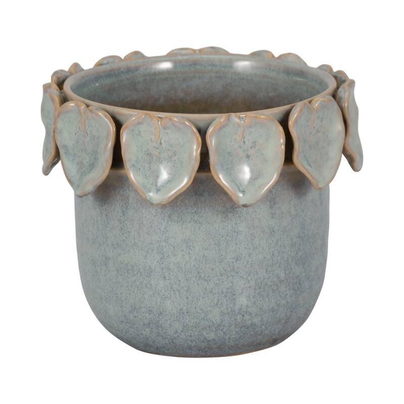 Stoneware Ceramic Planter Handcrafted Sculpted Leaf Embellishments