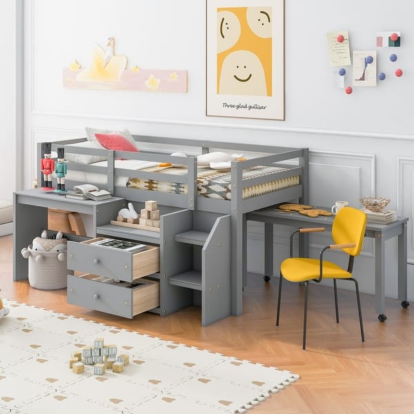 slide 2 of 9, Gray Twin Size Wooden Loft Bed with Movable Desk and Small desk, 2 Drawers, Full-Length Guardrail Gray