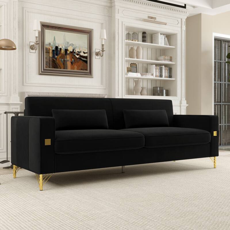 Modern 85.63" Velvet 3-seater Sofa with Gold Accents and Plush Cushions for Living Room