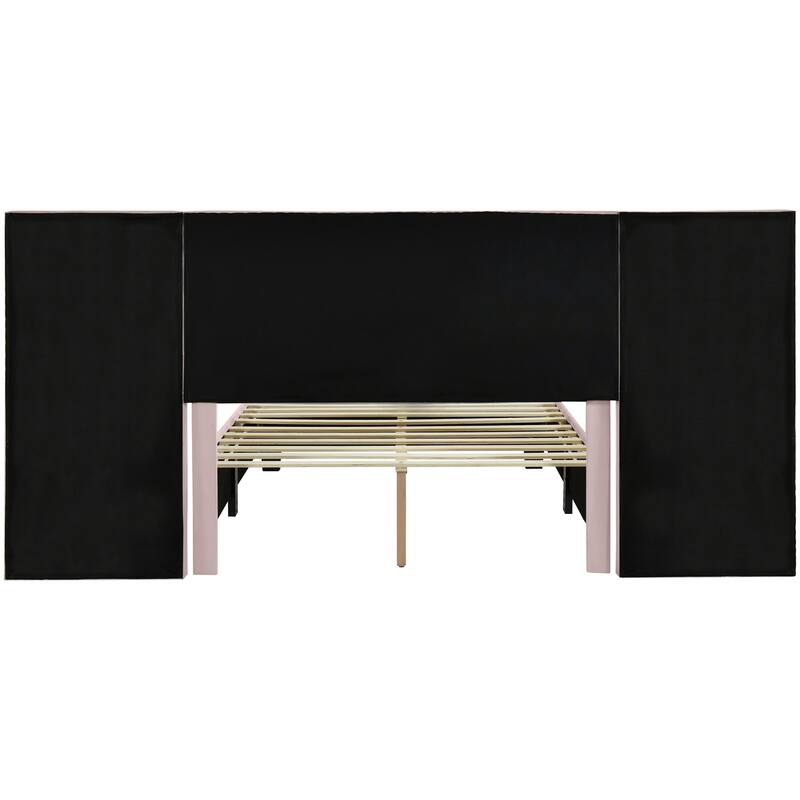 Platform Bed with Oversized Headboard, 2 Shelves, Velvet