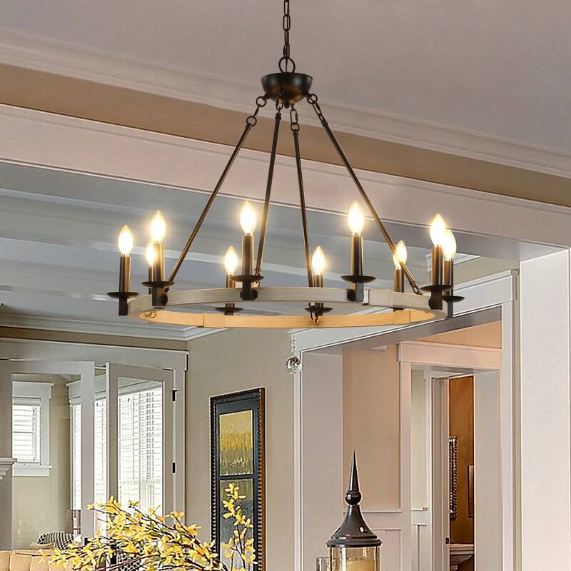 Farmhouse 10-Light Candle Chandelier, Black Metal and Wood Round Hanging Light, Adjustable Height, for Dining Room or Kitchen