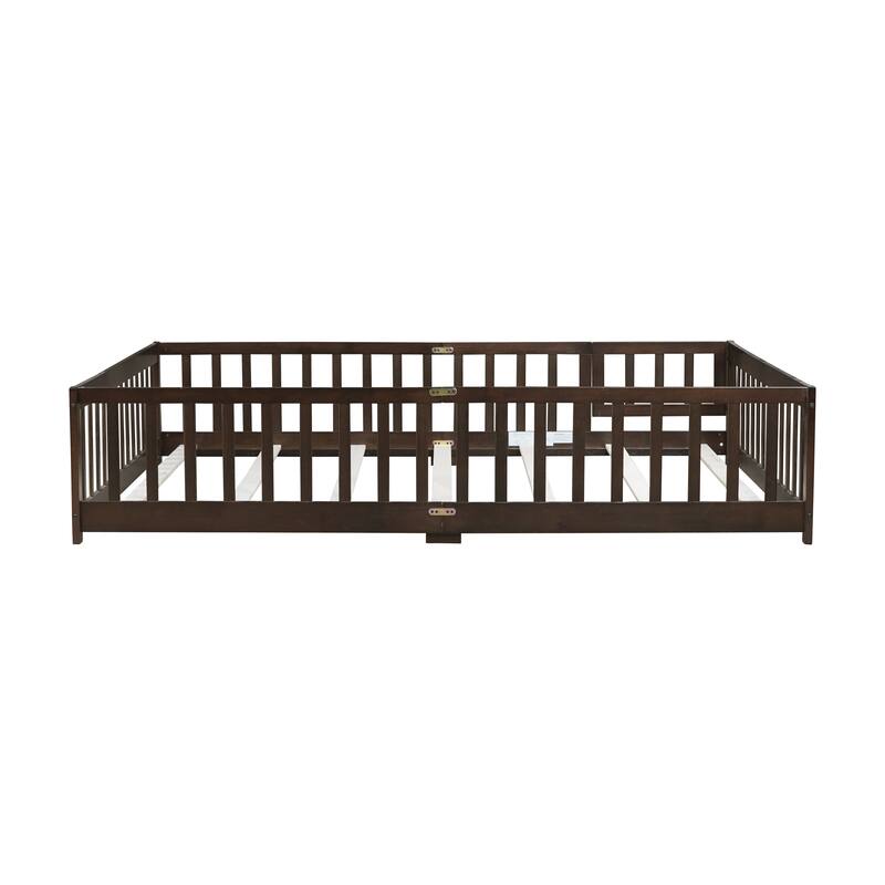 Classic Wooden Kids Floor Bed, Queen Floor Platform Bed Frame with Slat Support, Rubber Wood Floor Bed Frame with Fence and Door
