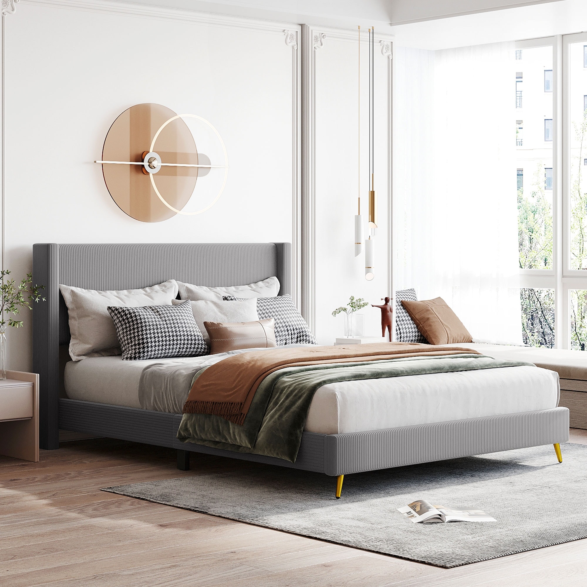 Queen Size Corduroy Tufted Platform Bed with Upholstered Headboard