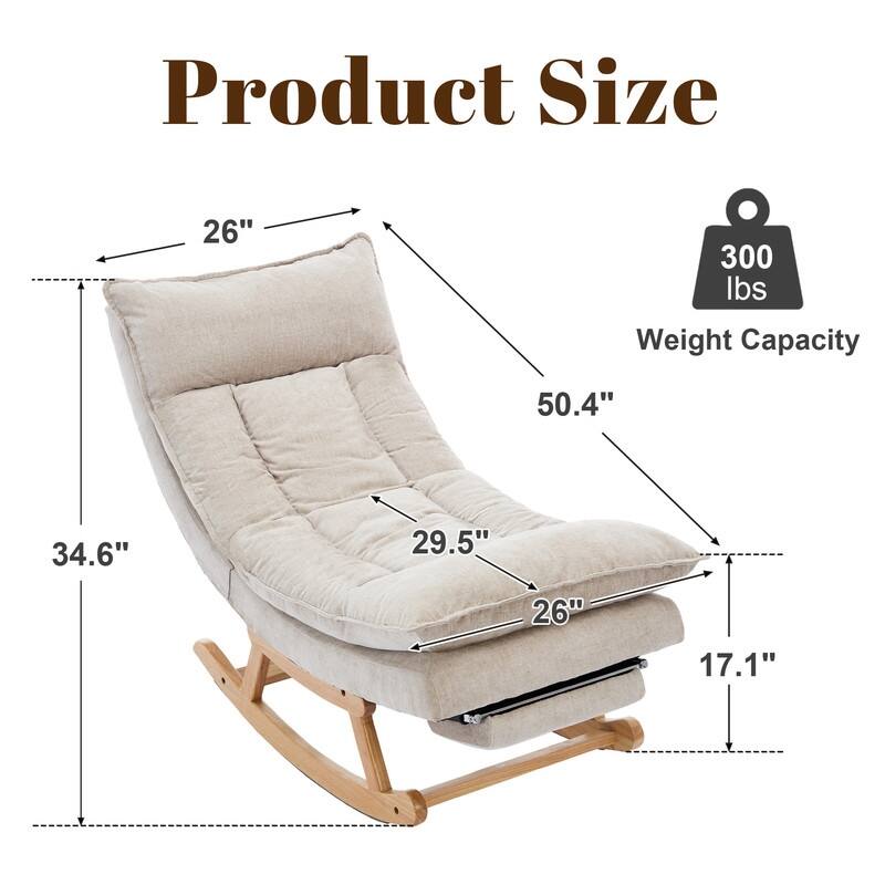Fabric Upholstered Rocking Chair with Solid Wood Base and Hidden Footrest – Ergonomic Dual-Cushion Design