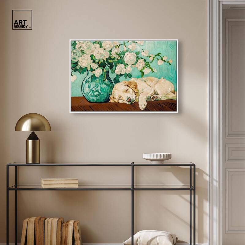 Rose Vase Puppy Canvas by Art Remedy