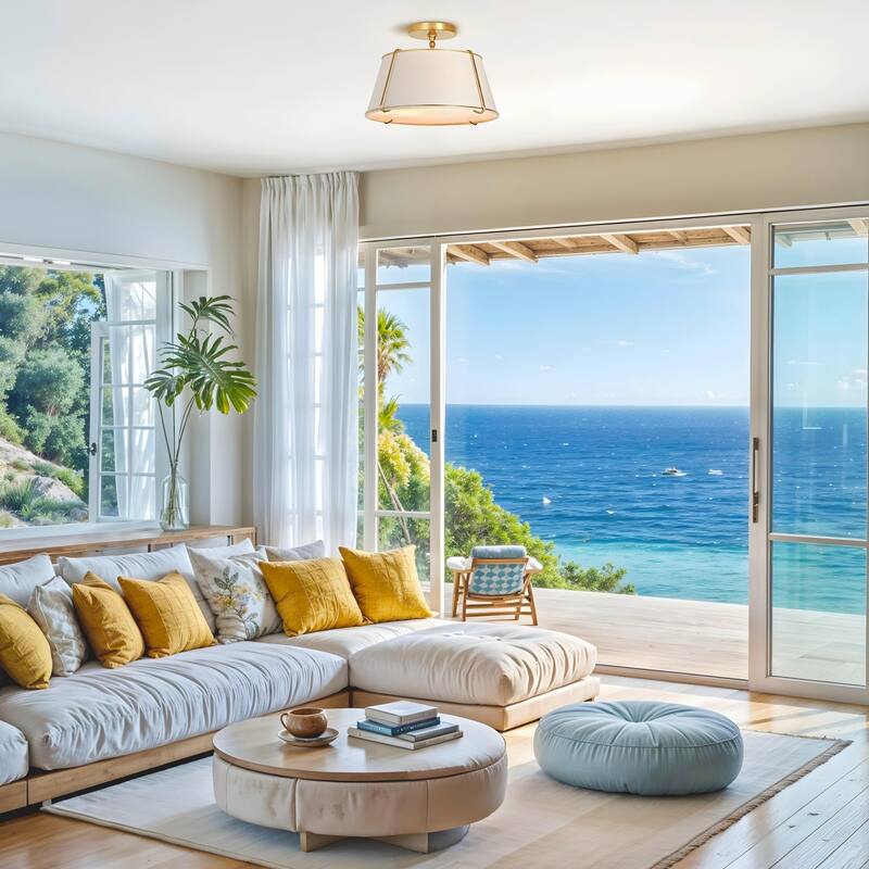 Crest Semi-Flush Mount - Metal, Fabric & Gold, Ivory White Ceiling Light for Bedroom or Hallway in Modern, Transitional Style