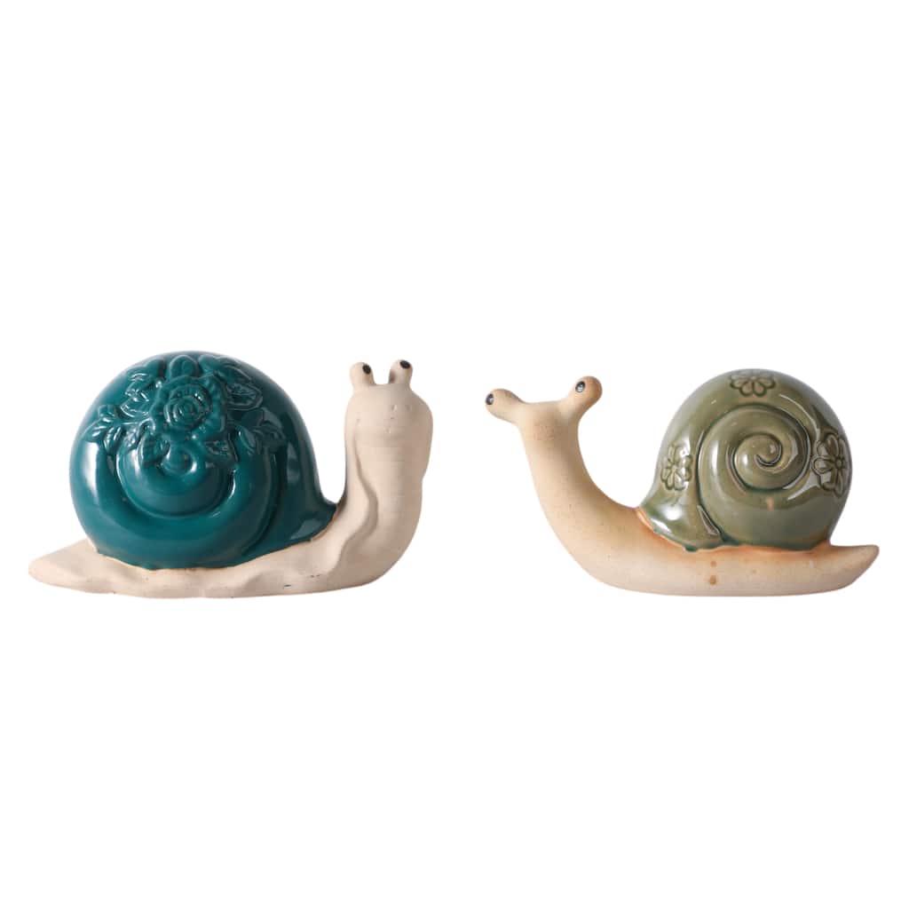 Decorative Porcelain Ceramic Flower Snail Garden Statuary (Set of 2)