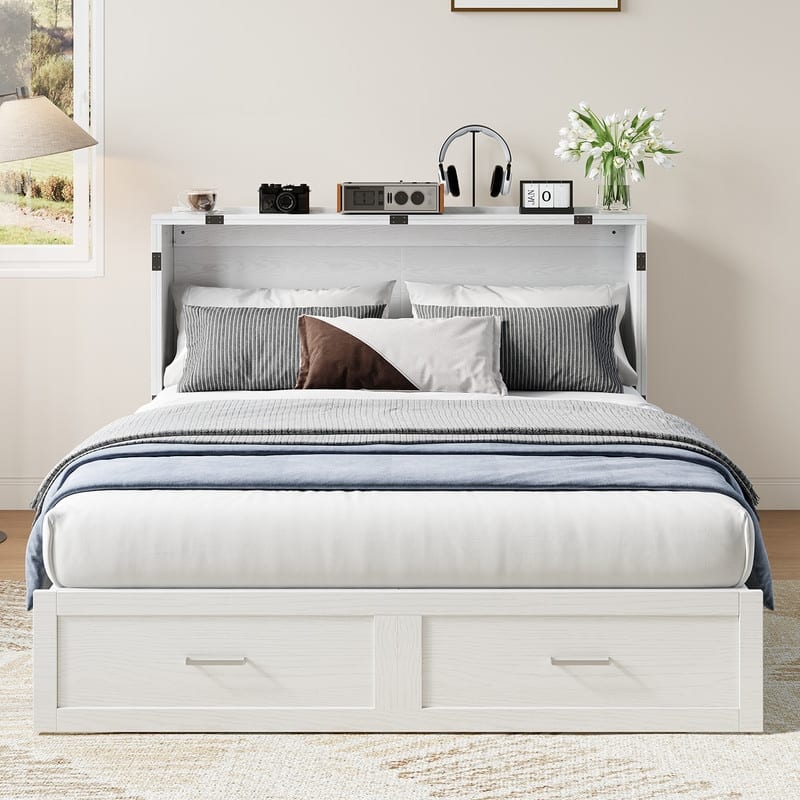 Mixoy Queen Modern Murphy Bed Chest with Mattress,Storage Drawer,Charging Station