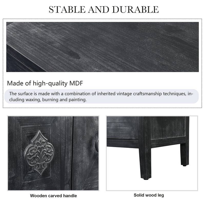 4 Door Antique Sideboard Buffet Cabinet with Carved Flower Handles, Adjustable Shelves, for Living Room, Kitchen, Hallway
