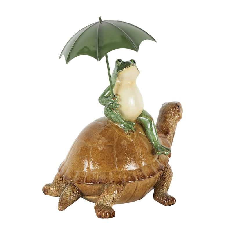 Bronze Resin Sitting Frog Decorative Sculpture with Umbrella and Brown Walking Turtle