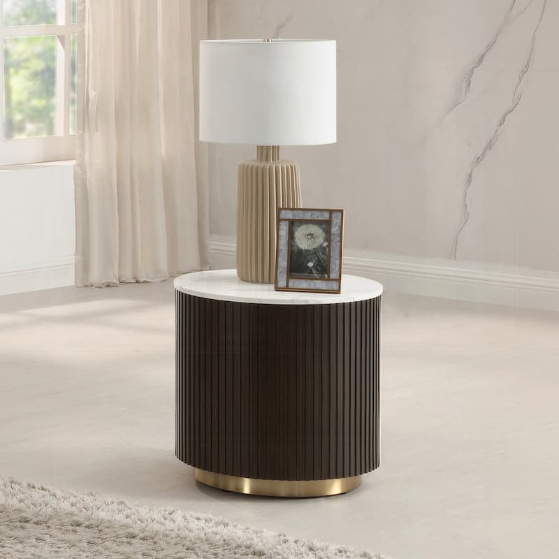 Round End Table with Faux Marble Top in White and Espresso