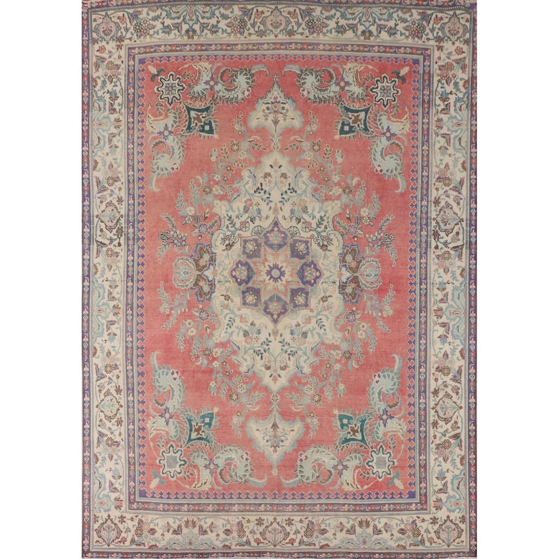 Distressed Tabriz Vintage Area Rug Handmade Wool Carpet - 9'8" x 12'8"