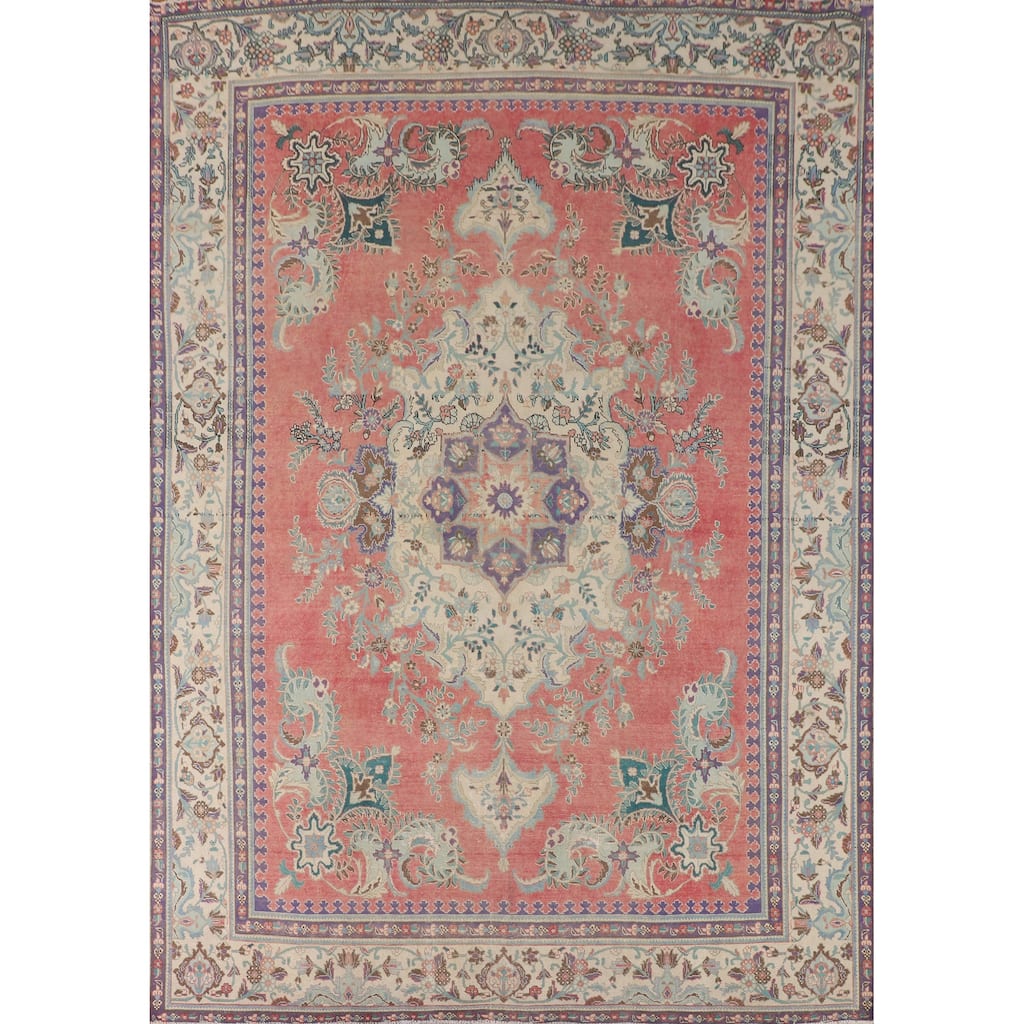 Distressed Tabriz Vintage Area Rug Handmade Wool Carpet - 9'8" x 12'8"