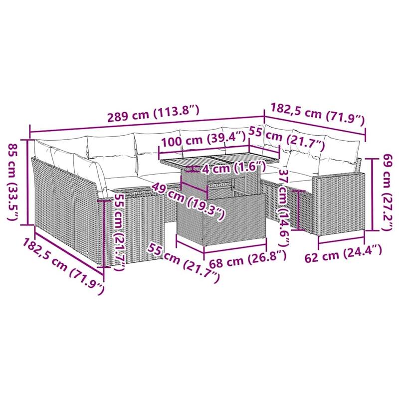 vidaXL Patio Sofa Set with Cushions Table and Sofa Modules 10 Piece Poly Rattan - 21.7 x 39.4 x 28.7