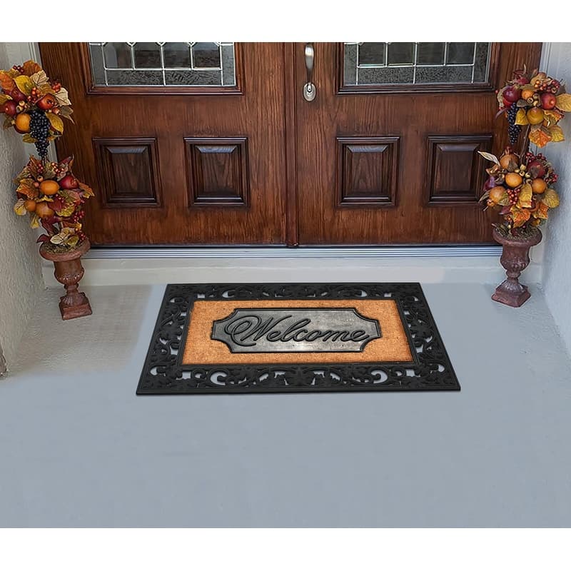 A1HC Rubber and Coir Door Mat Floral Border Dirt Trapper Heavy Weight Doormat