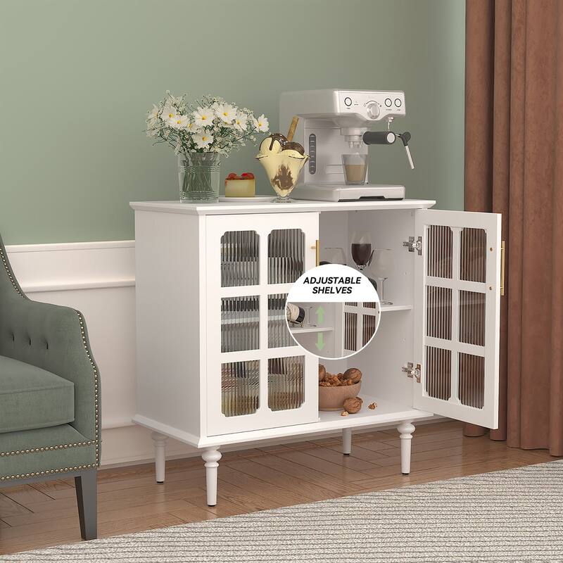 Solid Wood Buffet Cabinet, Lattice Glass Doors with Adjustable Shelves