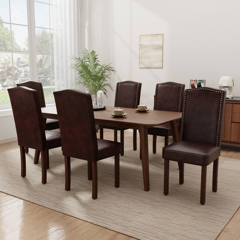Dining Chairs With Upholstered Fabric - Set of 6 - Dark Brown Leather