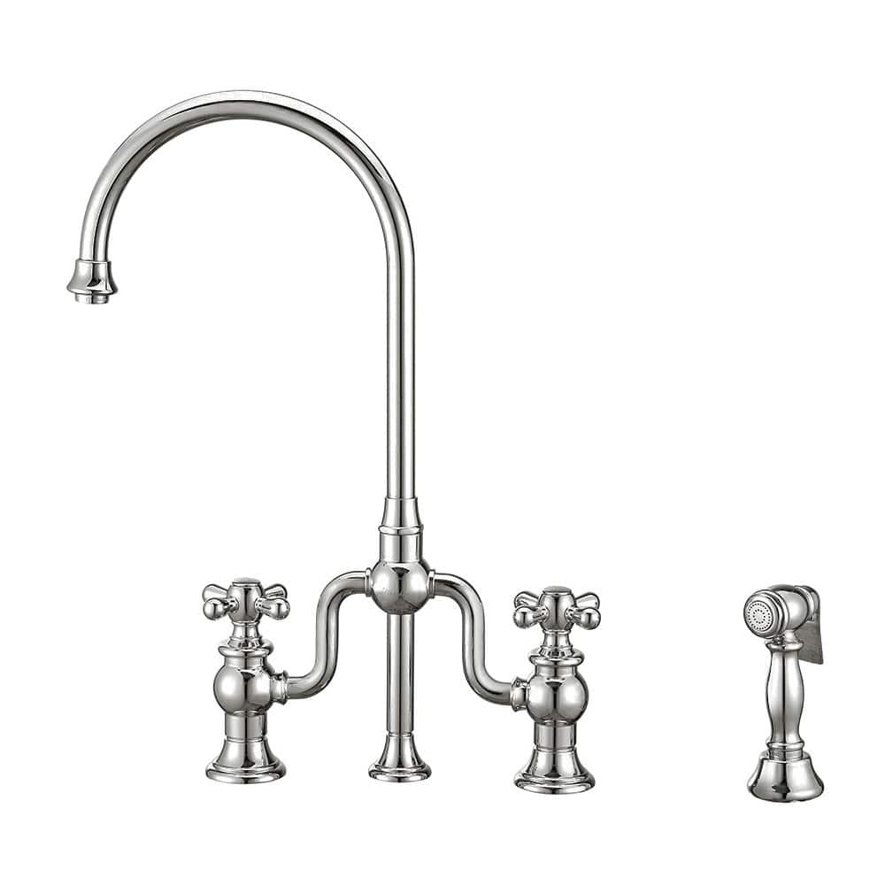 Bridge Faucet with Swivel Spout, Cross Handles and Solid Metal Side Spray