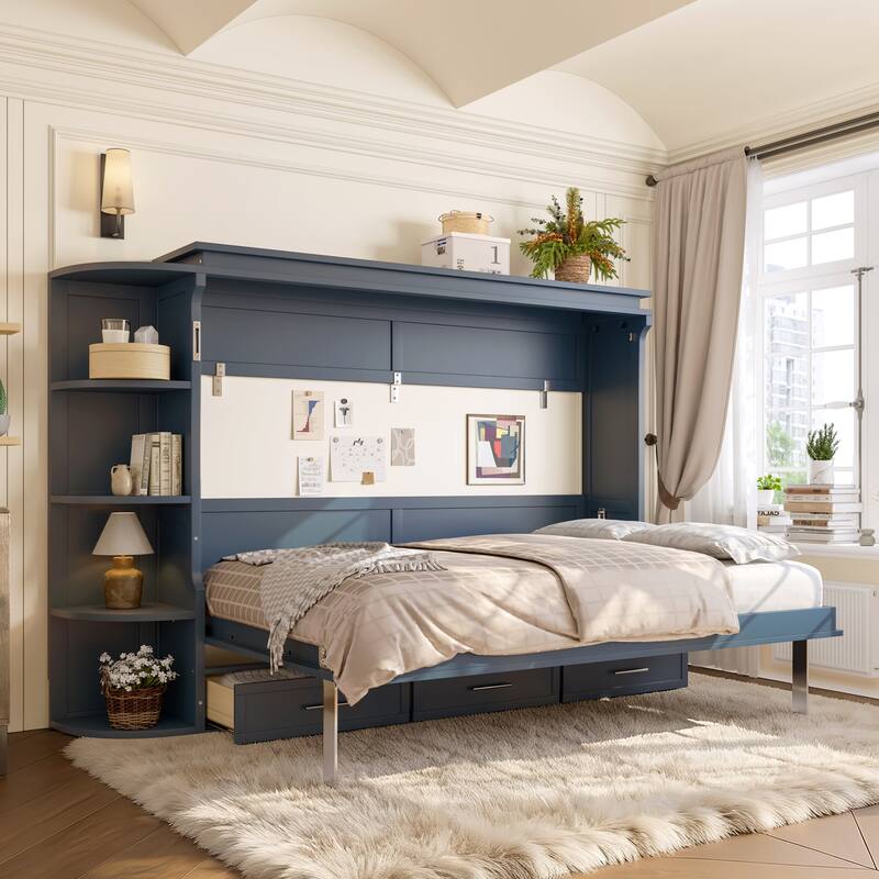 Murphy Platform Bed with Side Cabinets & Drawers, Wall Bed with Shelf for Home Office, Queen or Full - Blue - Full