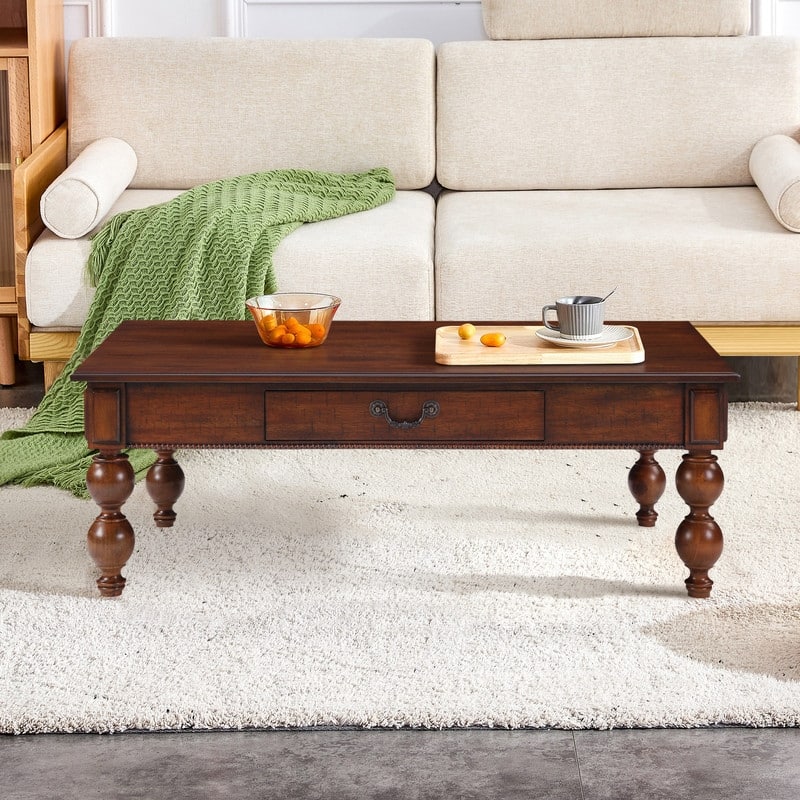 Rectangular 47" Wooden Coffee Table with Storage Drawer, Vintage Cocktail Table with Solid Wood Legs for Living Room Elegance - Walnut