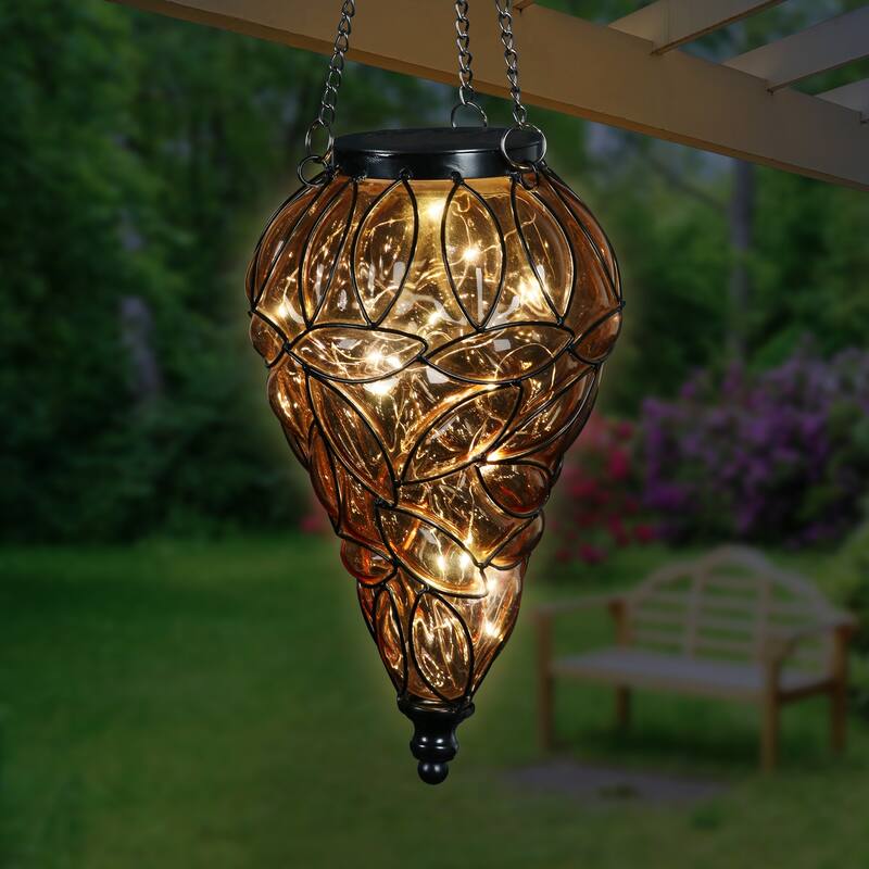 Exhart Solar Tear Shaped Hand Blown Glass Hanging Lantern with Fifteen LED lights, 7 by 24 Inches