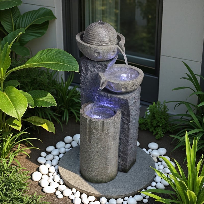Resin Weather Resistant Outdoor Fountain, Modern Bowl Design with Soothing Water Sound