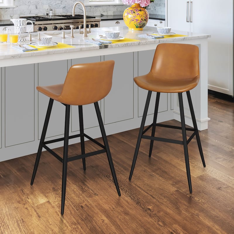 Modern Industrial Counter Stools Faux Leather Upholstered Counter Height Bar tools with Back - Set of 2 - Whiskey Brown-30 in. - Counter Height