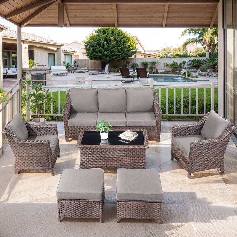 Outside Patio Sofa Chair with Cushions - Brwon Wicker Grey Cushion - 6PCS Sofa Patio Chair with Ottoman Table