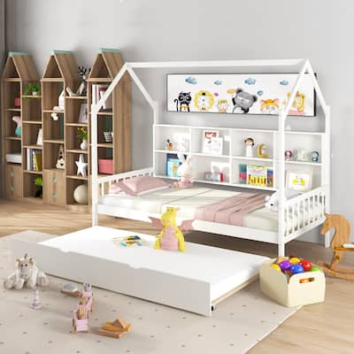 Gymax Twin House Daybed with Trundle Wooden Bed 8 Storage Shelf