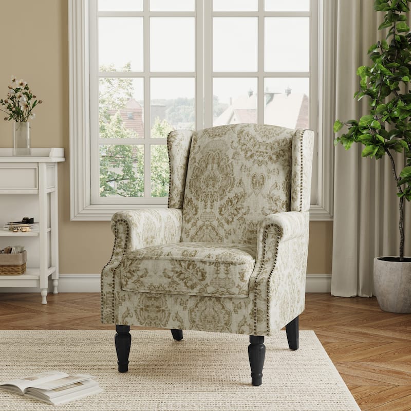 Traditional Floral Patterned Wingback Armchair with Nailhead Trim - White