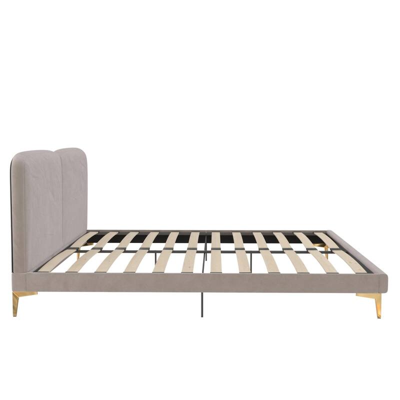 Velvet Upholstered Platform Bed with Foam-Padded Headboard, Modern Metal Legs, King Size