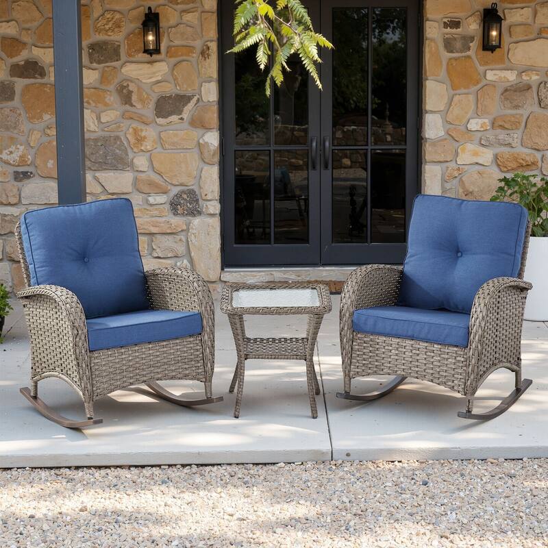 PlainCurve 3-Piece Wicker Outdoor Patio Conversation Set with Rocking Chairs and Olefin Cushions - Navy Blue Cushions - Gray Wicker