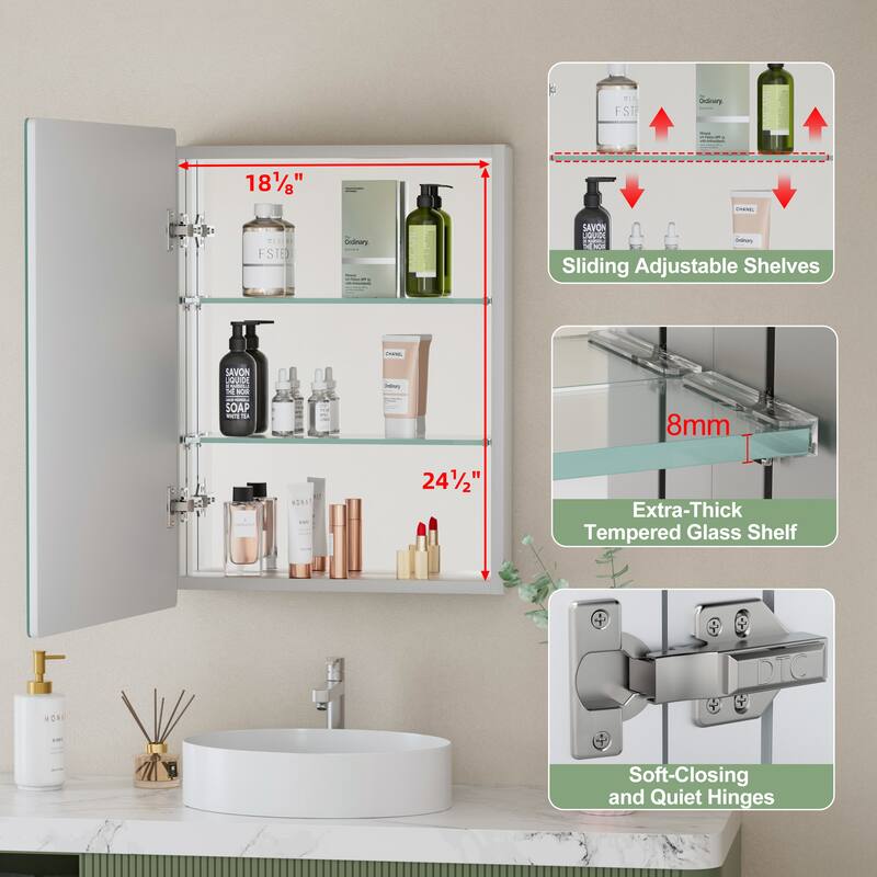 Mira Rectangular Frameless Medicine Cabinet with Mirror, Sliding Adjustable Glass Shelves, Reversible Door