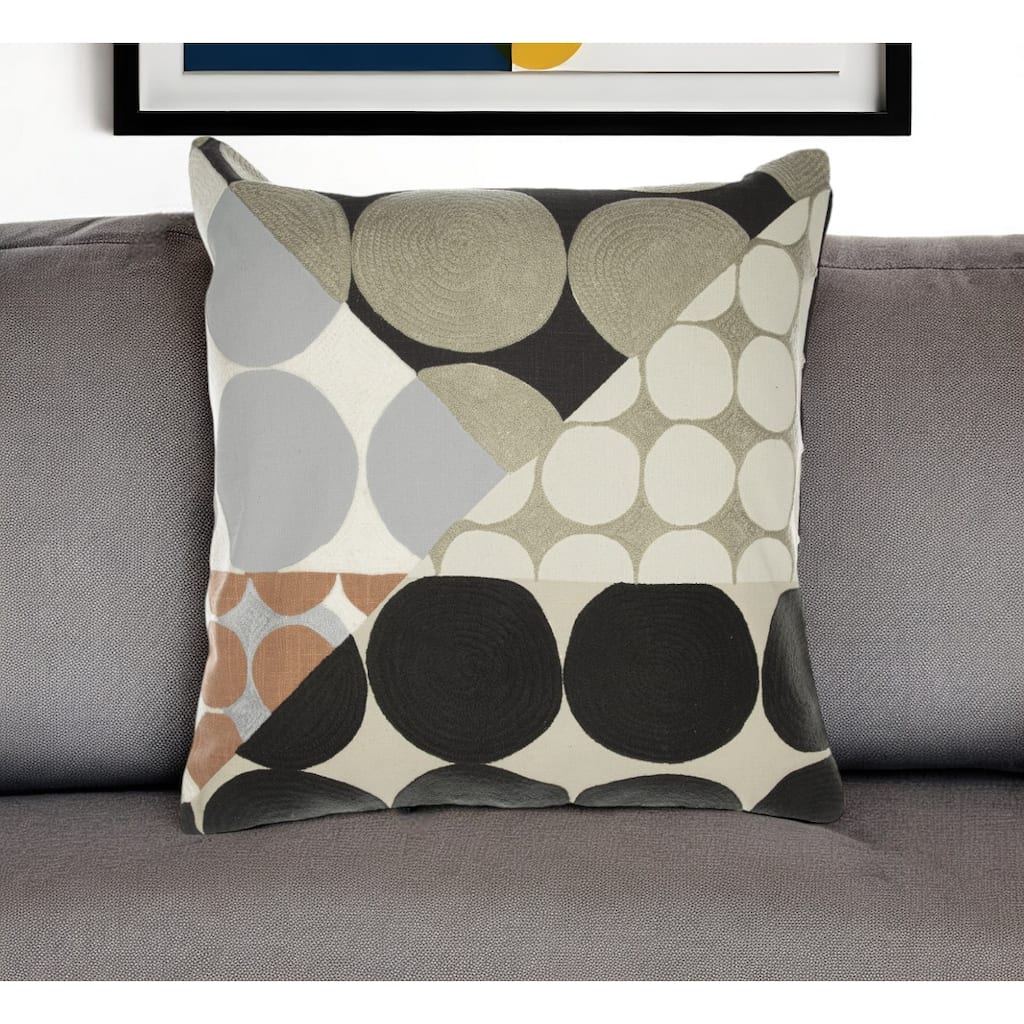 HomeRoots 20" Beige and Black Geometric Cotton Throw Pillow With Embroidery