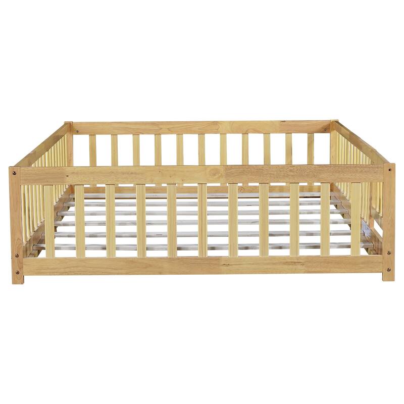 Full Size Floor Bed With Fence And Door,Rubber Wood Floor Bed With Safety Guardrails