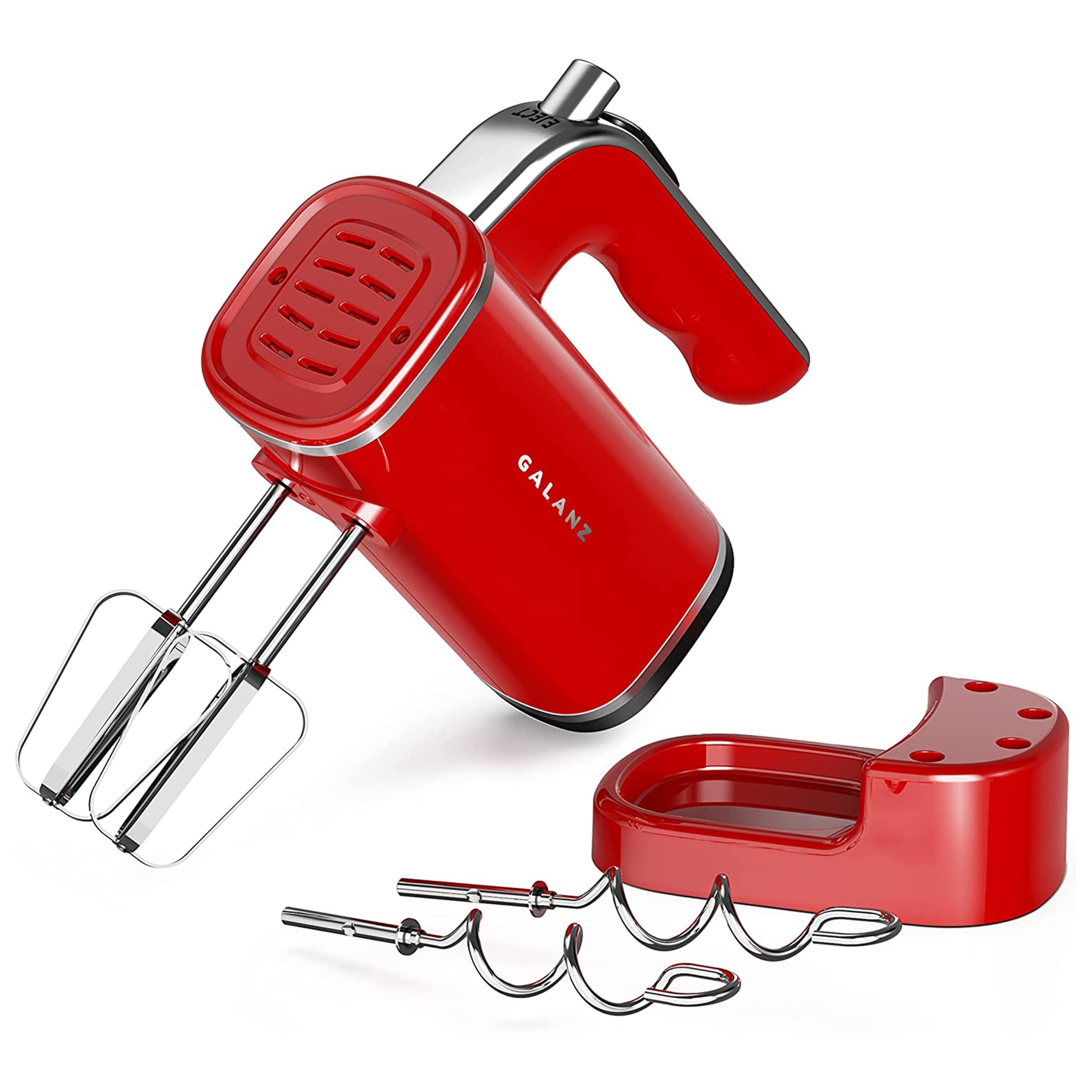 Better Chef Electric Hand Mixer | 5-Speed | Stainless Beaters & Hooks | Attachment Holder | 150-Watt (Red)