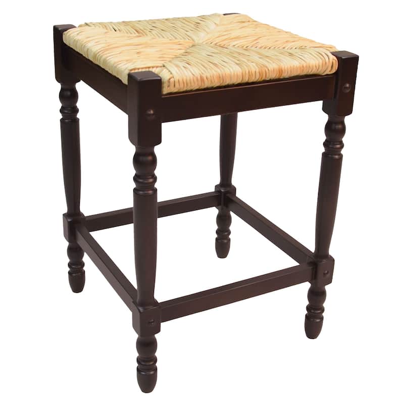 24" Espresso Brown and Beige Counter Stool with Hand Woven Rush Seat