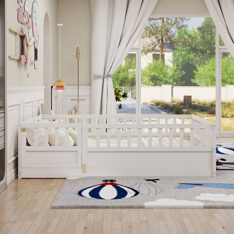 Full Size Wooden Children's Floor Bed with Sturdy Fence, Montessori-Inspired French Pine Bed Frame for Enhanced Safety - White