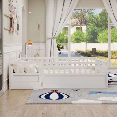 Full Size Wooden Children's Floor Bed with Sturdy Fence, Montessori-Inspired French Pine Bed Frame for Enhanced Safety