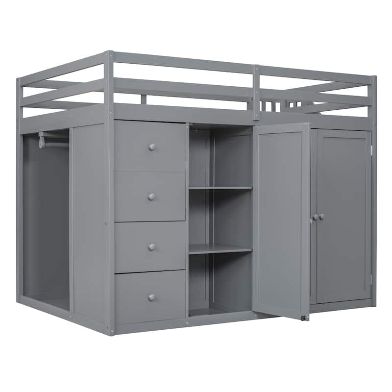 Gray Full Size Wood Loft Bed with Built-in Wardrobes and Drawers