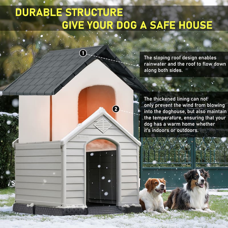 BOSSIN Insulated & Waterproof Dog House, Indoor/Outdoor Puppy Shelter with Elevated Floor & Liner for All Size Dogs