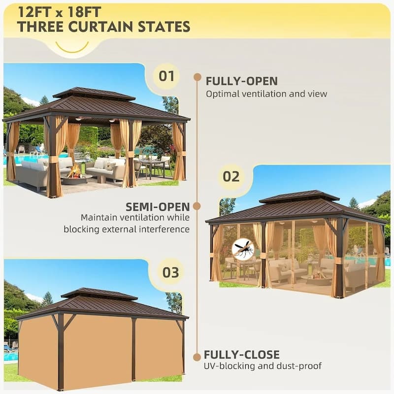 Outdoor Hardtop Gazebo w Curtains & Mesh, Double-Layer Galvanized Steel Roof, 12'x18' Aluminum Frame Outdoor Pergola w 3 Hooks