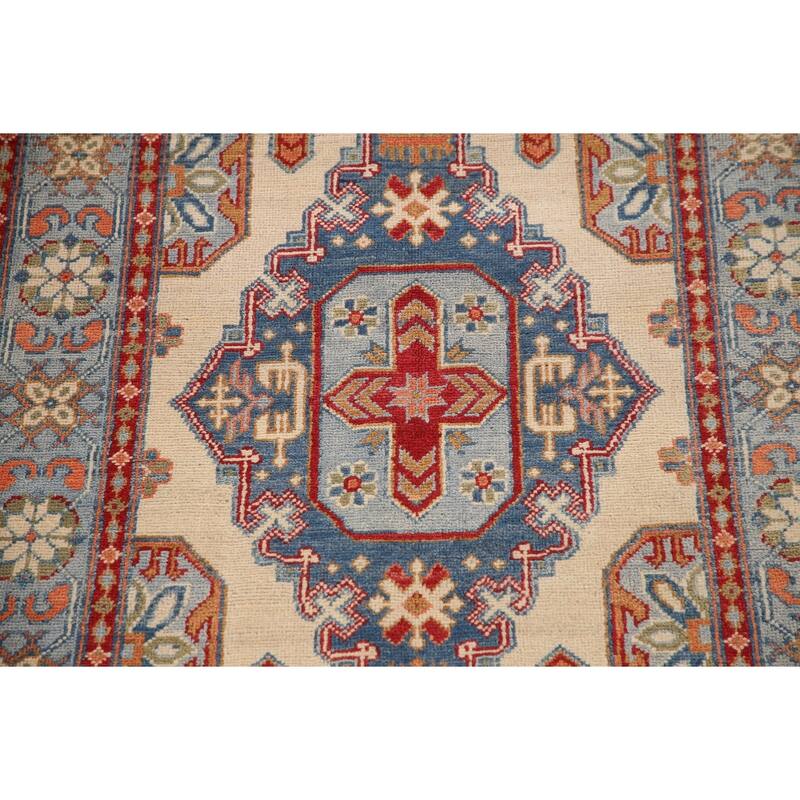 Ivory Geometric Kazak Oriental Accent Rug Handmade Wool Carpet - 3'5"x 4'11"