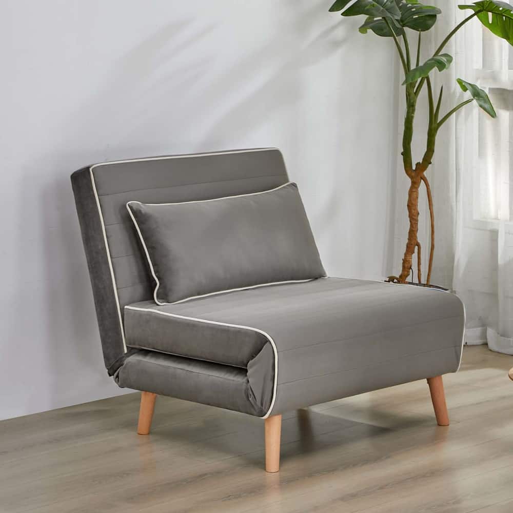 Modern Velvet Foldable Sofa Bed Piping 3 Position Backrest 10s Convert Grey Space Saving