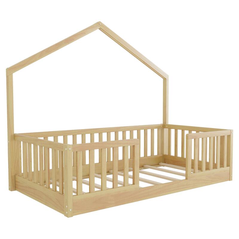 Twin Floor Bed with High Rails, Wooden Montessori Bed with Light for Kids, Boys and Girls, White