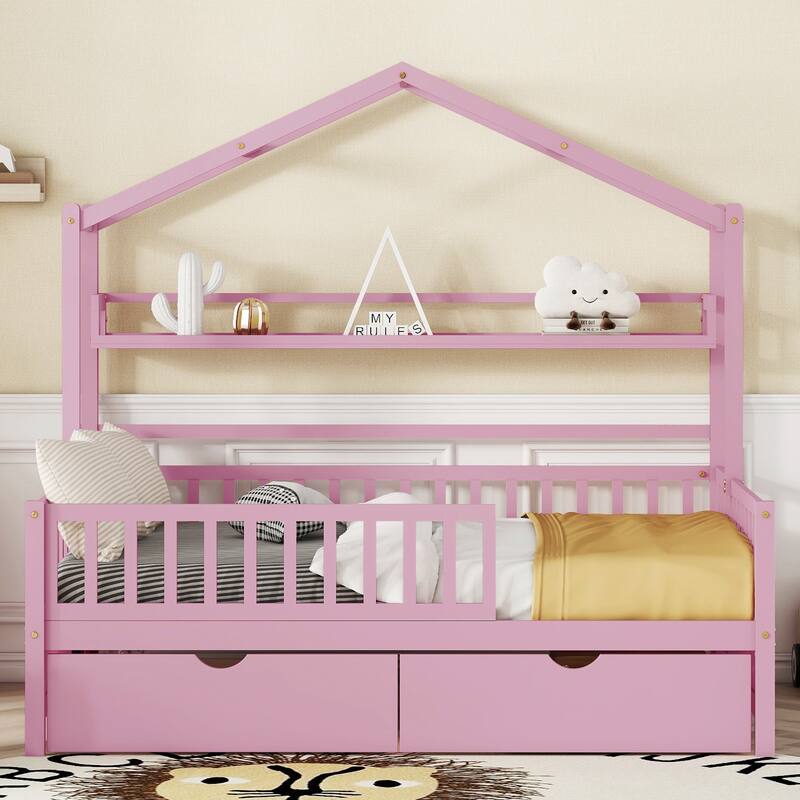 Pine House Bed with Drawers, Shelf & Guardrail