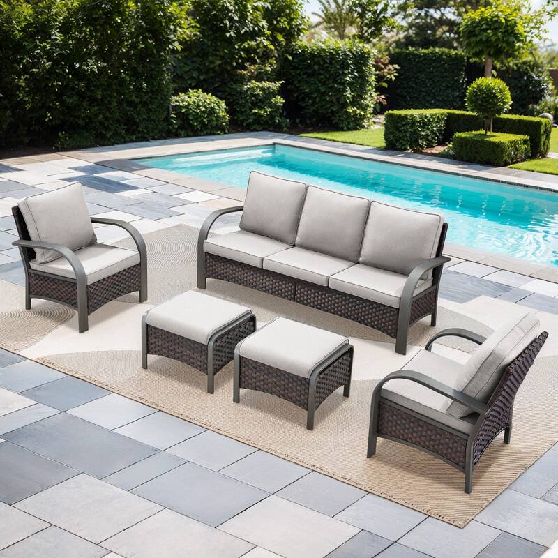 Outdoor Sofa Patio Furniture Set - Brown Rattan - Beige Cushion - 5PCS Sofa Patio Chair with Ottoman