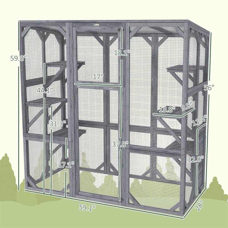 Freestanding Catio for 1 to 3 Cats with 6 Jumping Platforms Durable Fir Wood Gray Indoor Outdoor Enclosure