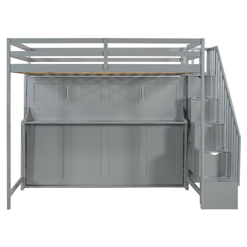 Full Over Full Size Murphy Bed with Hydraulic Lift and Desk Design, Solid Wood Bunk Murphy Bed Frame with Storage Staircase