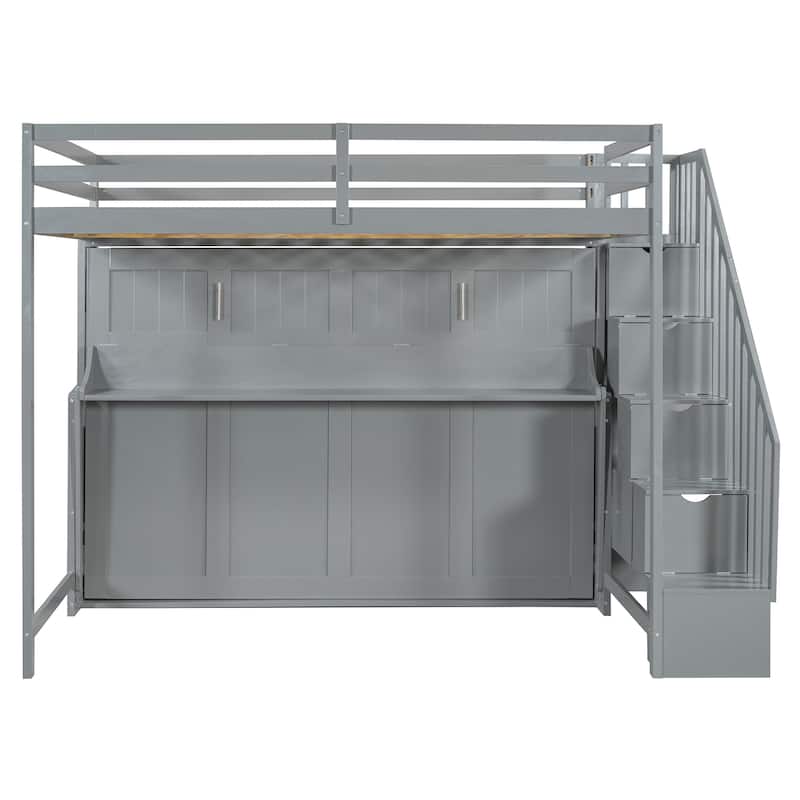 Roomfitters Full Over Full Murphy Bunk Bed with Hydraulic Lift, Foldable Desk and Storage Cabinet
